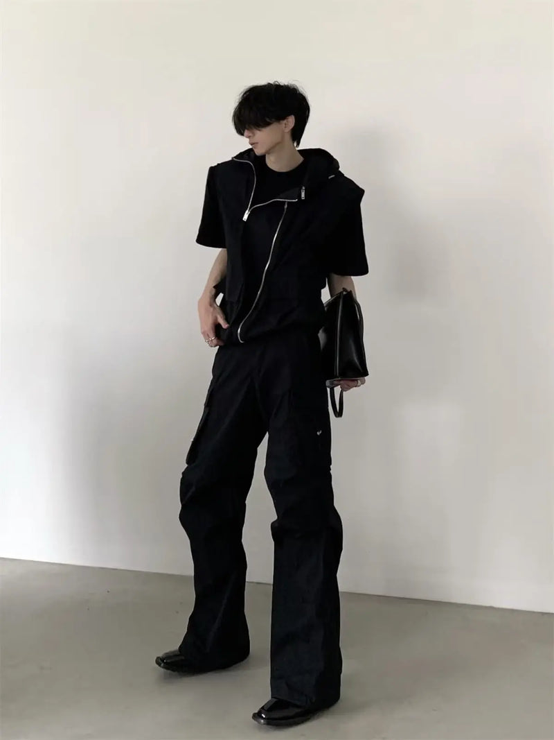 summer sleeveless set men women multi pocket hooded vest jogging cargo pant spring loose casual zipper two piece suit street unique cargo style 441
