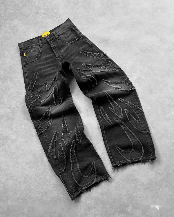 vintage y2k retro black baggy jeans for men hip hop punk raw edge embroidery jeans pattern patchwork high waisted denim pants denim street jeans