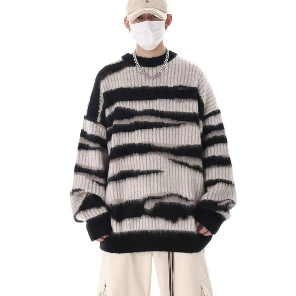 korean hip hop set men striped vintage knit sweater drawstring big pocket cargo pants 2 pcs set spring college casual suit 2024 baggy cargo bottoms