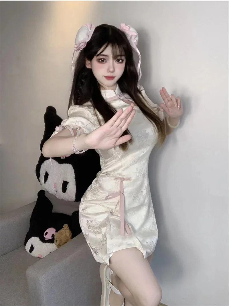 Vintage Chinese Style Cheongsam High Split Mini Dress 2024 Tie Dye Gothic Women Aesthetic Bandage Dresses Y2k Sexy Bodycon Robe
