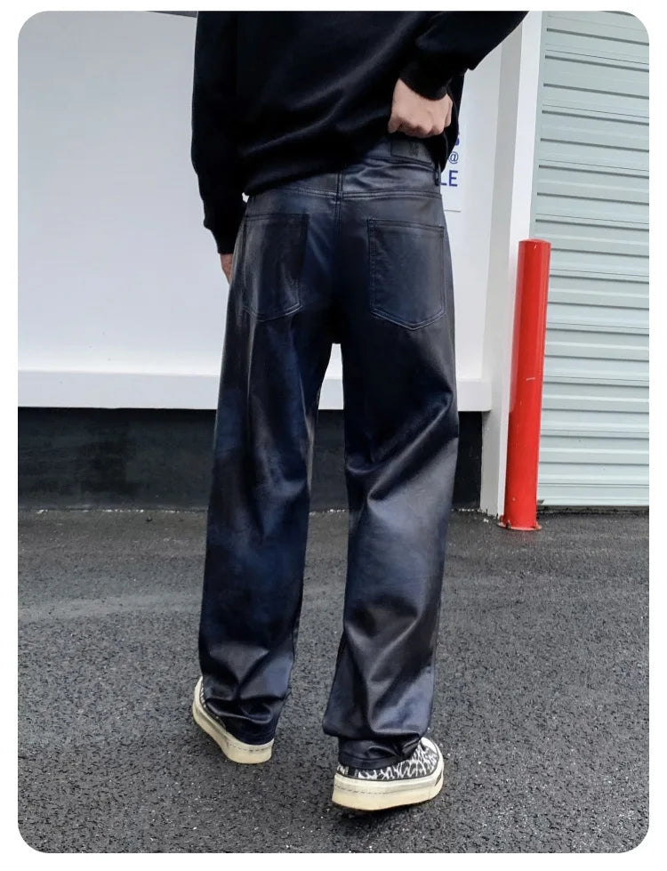 men streetwear fashion hip hop punk gothic vibe casual straight leather pant man y2k trousers motorcycle pants stage clothing unique default style 2413