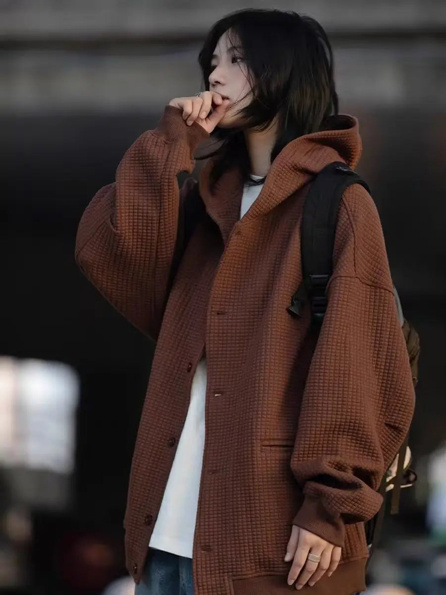 Korean Retro Y2K Waffle Hooded Jacket for Men and Women Ins Harajuku Style Casual Loose