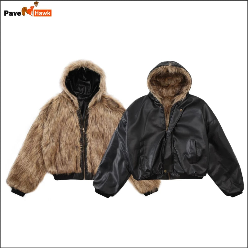 Integrated Fur Leather Men Cotton Jackets Thickened American High Street Motorcycle PU Leather Parkas Winter Couple Punk Outwear