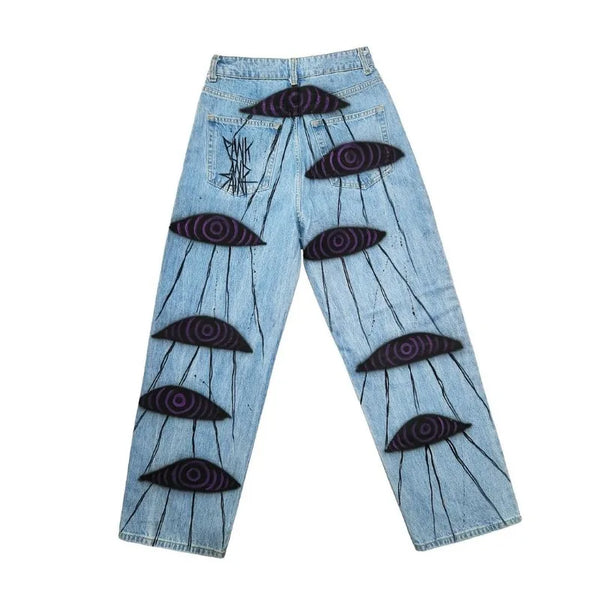 street fashion high street washed blue wide leg pants men y2k harajuku trend devil eyes graffiti print oversized jeans women urban skinny jeans
