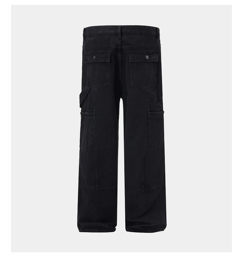 men american streetwear fashion loose casual hip hop wide leg black denim baggy jeans pants man y2k cargo jeans trousers unique cargo style 2325