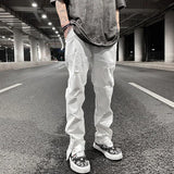 mens hole ripped white ankle zipper button jeans pants straight pockets solid color high street retro loose denim trousers unique jeans style 237