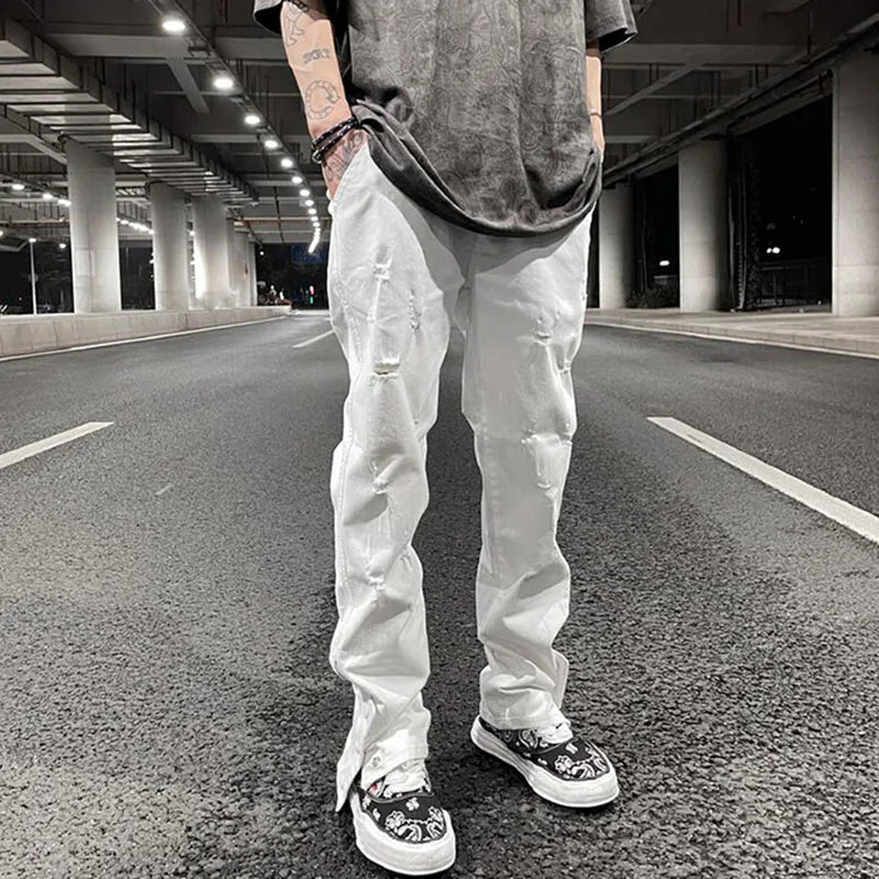 mens hole ripped white ankle zipper button jeans pants straight pockets solid color high street retro loose denim trousers unique jeans style 237
