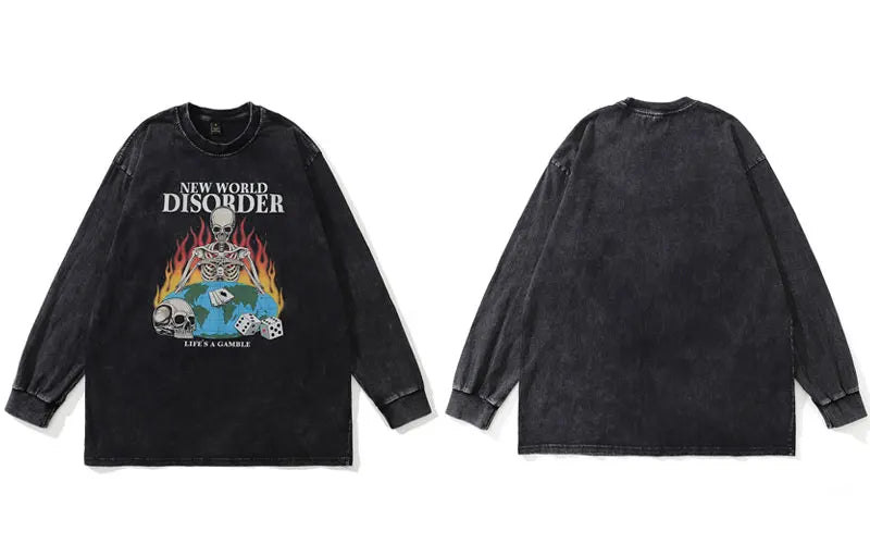 Sadcore Graphic tee – Men Long Sleeve Tshirt Hip Hop Flame Skull Skeleton Poker Pr