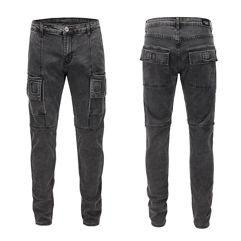 side pocket denim retro jeans mens biker zipper jean trousers hip hop fashion high street slim fit pants joggers y2k men s jeans unique joggers style 2930