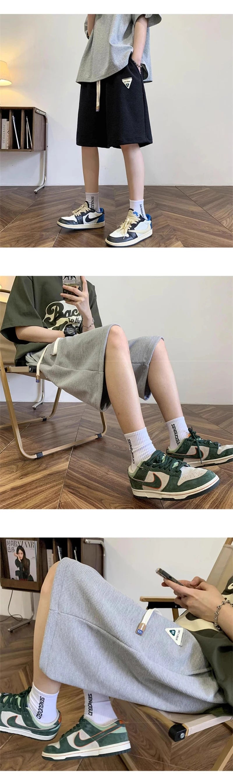 summer mens letter appliques waffle shorts baggy running wide leg casual short pants solid drawstring gym straight y2k shorts unique shorts style 3512