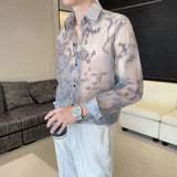 Mens Shirt Semi Transparent Exquisite Bamboo Plum Jacquard Embroidery Pattern Shirt Light Weight Sensual Long Sleeve Tops Summer