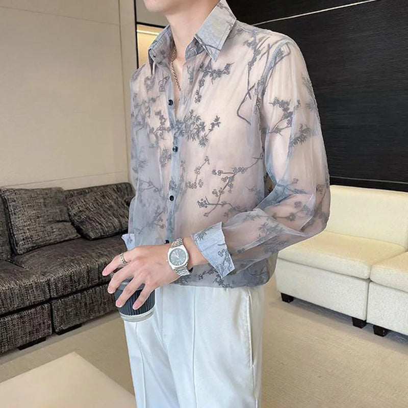 Mens Shirt Semi Transparent Exquisite Bamboo Plum Jacquard Embroidery Pattern Shirt Light Weight Sensual Long Sleeve Tops Summer