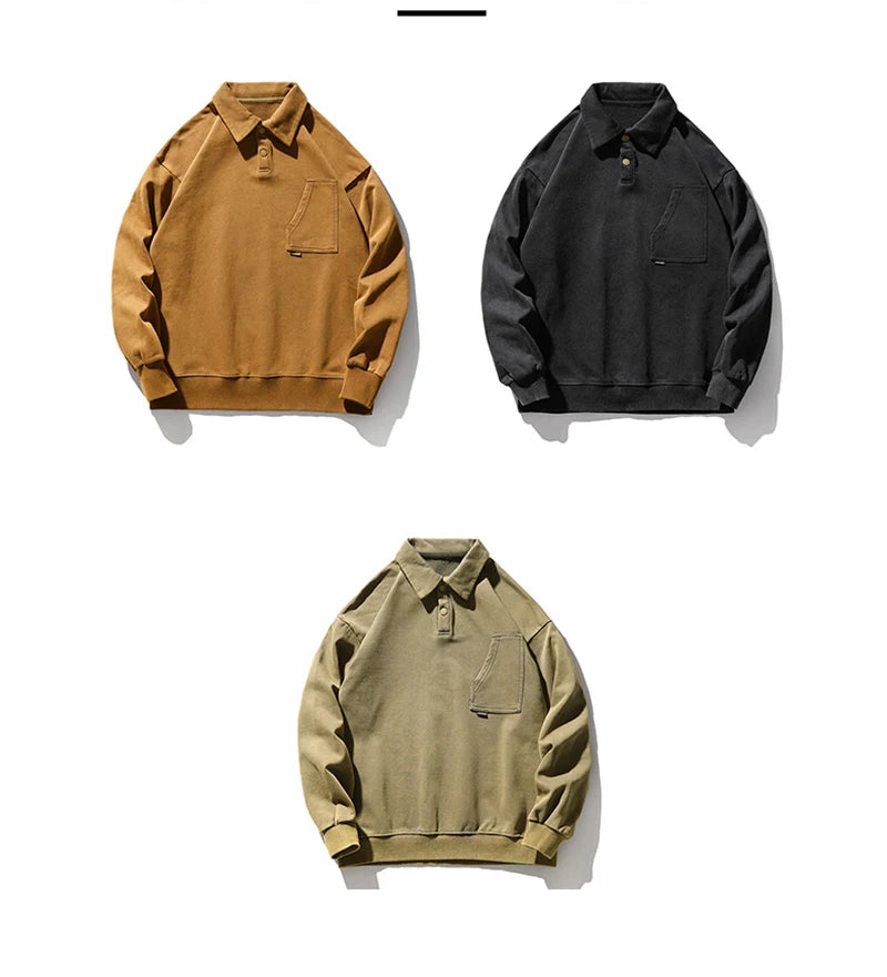 Autumn Y2K Vintage Long Sleeve Sweatshirt Mens Loose Pockets Polo Neck