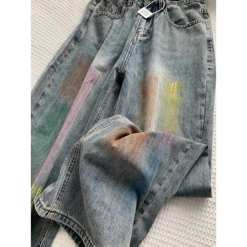 american retro personalized trend color gradient jeans for men and women new washed straight leg micro flared casual pants y2k urban skinny jeans