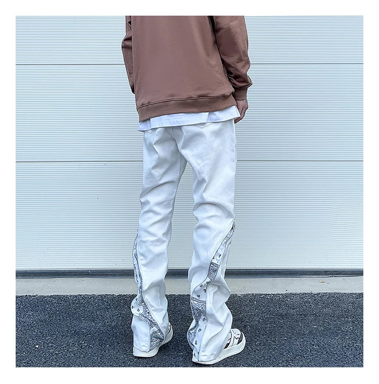 high street black white straight zipper becomes slightly flared denim jeans harajuku casual hip hop cashew flower jeans for men unique jeans style 4410