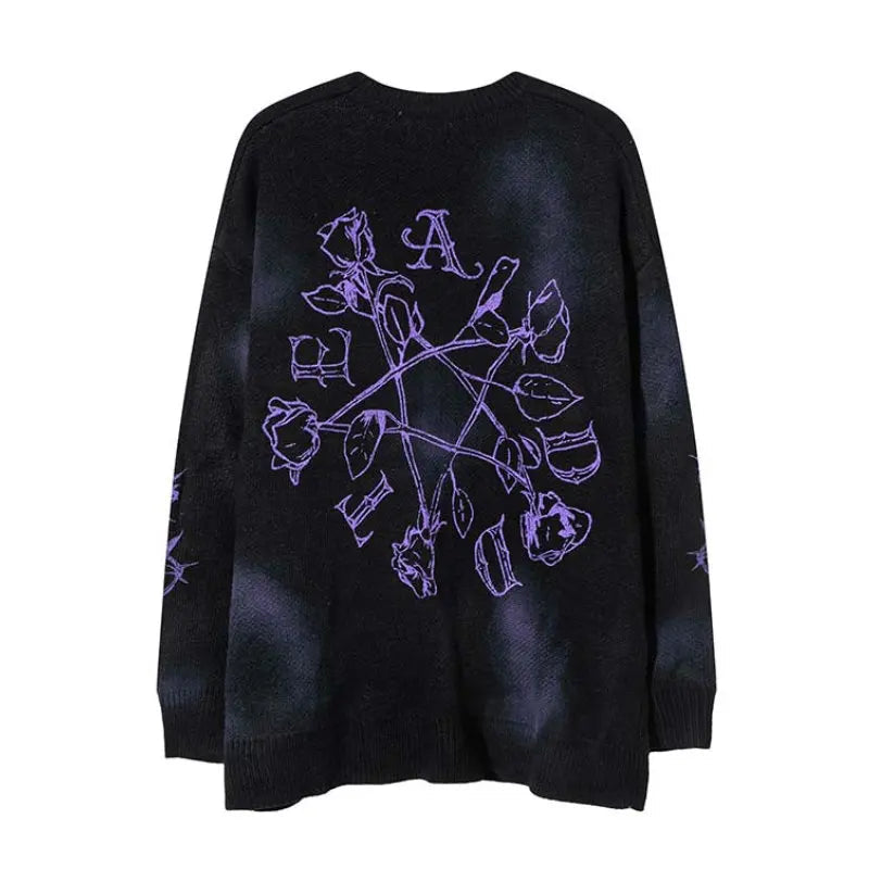 hip hop knitted sweater streetwear mens letter rose printed punk gothic oversized o neck pullover jumpers harajuku loose tops Y2K vintage urban hoodie, trendy hip hop style outerwear, streetwear fashion hoodie