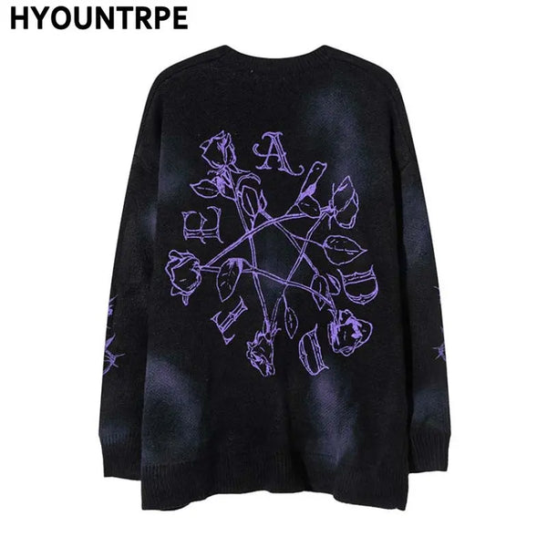 hip hop knitted sweater streetwear mens letter rose printed punk gothic oversized o neck pullover jumpers harajuku loose tops Y2K vintage urban hoodie, trendy hip hop style outerwear, streetwear fashion hoodie