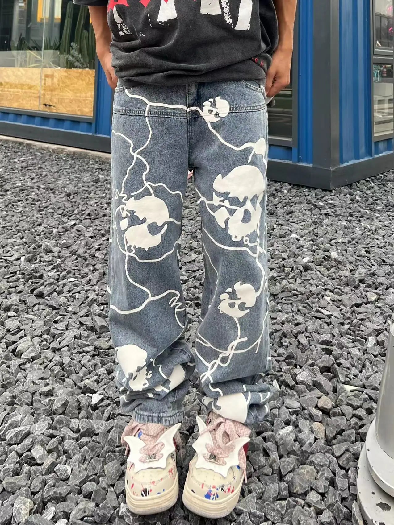 fashion lightning skull printed denim jeans mens unisex casual zipper straight jeans streetwear hip hop y2k jean pants joggers unique joggers style 720