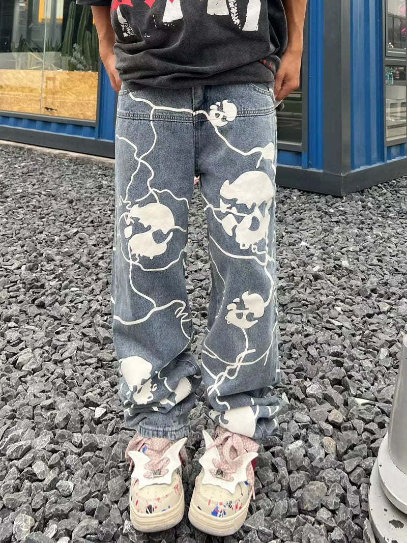 fashion lightning skull printed denim jeans mens unisex casual zipper straight jeans streetwear hip hop y2k jean pants joggers unique joggers style 720