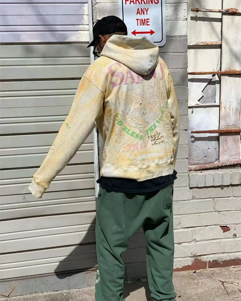 2024 New Arrival Vintage SM Brand Fashion Hand painted Graffiti Vintage ripped distressed hoodie Sweatshirt