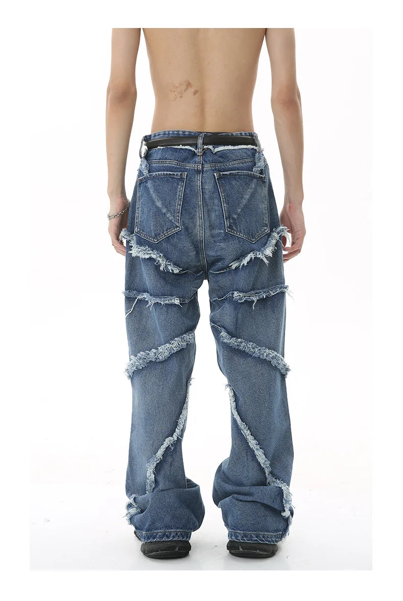 2023 european and american mens jeans new products personality trend hip hop fringed loose wide leg denim trousers unique jeans style 720