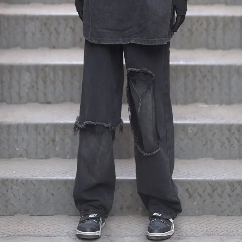 2023 autumn new light luxury fashion straight jeans men loose wide leg casual trousers boutique clothing simple style pants men ripped baggy denim
