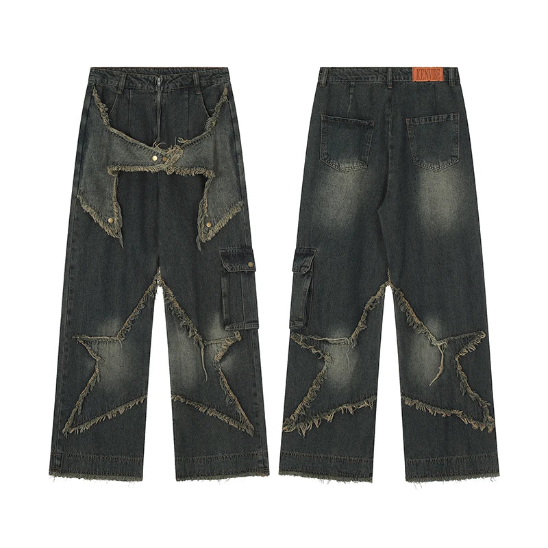 fashion patchwork frayed star denim straight jean pant men casual side pocket y2k trouser unisex hip hop streetwear jeans pants unique jeans style 388