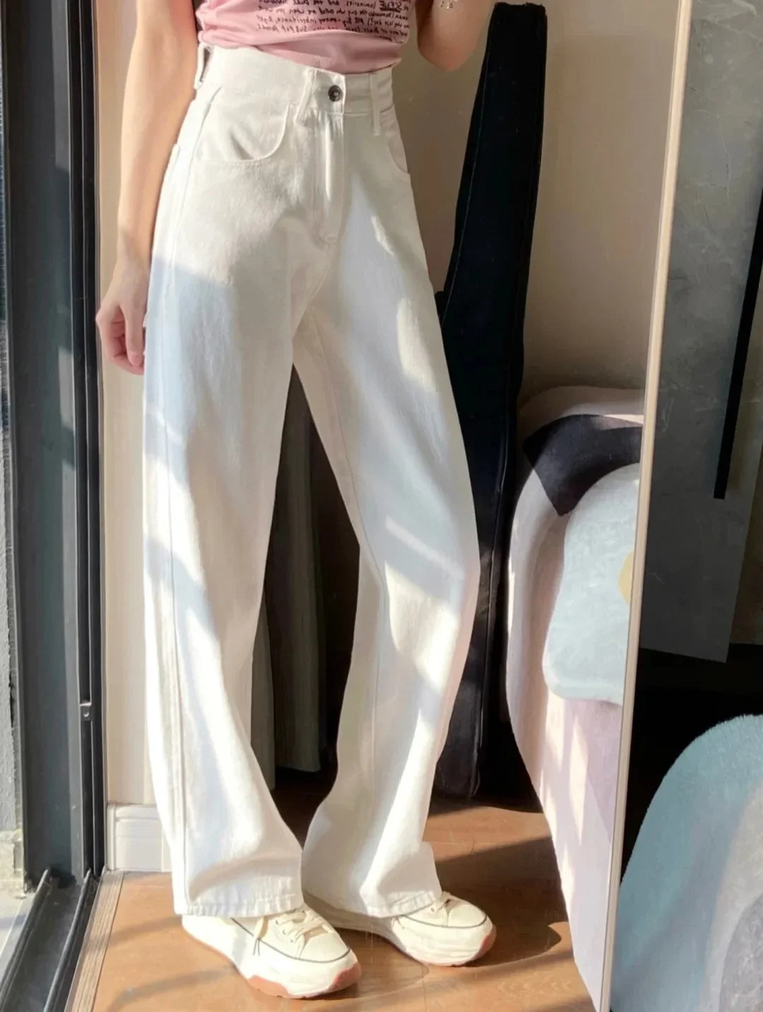trendy brand white straight jeans for women 2024 spring new high waist slim wide leg pants high street ins fashion and leisure stacked flare jeans