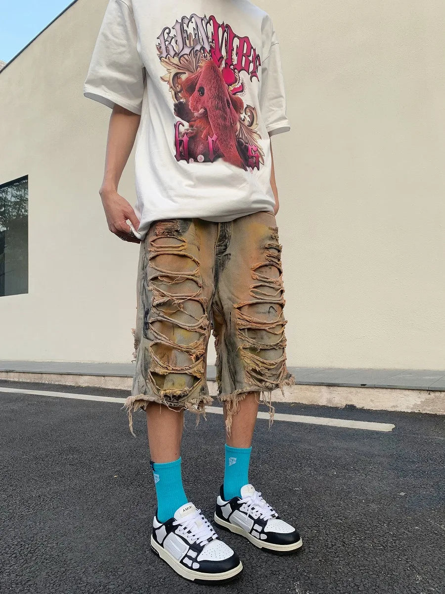 destroy ripped big holes spliced denim jeans shorts hip hop loose short pant harajuku half baggy jeans mens summer casual shorts unique jeans style 2674