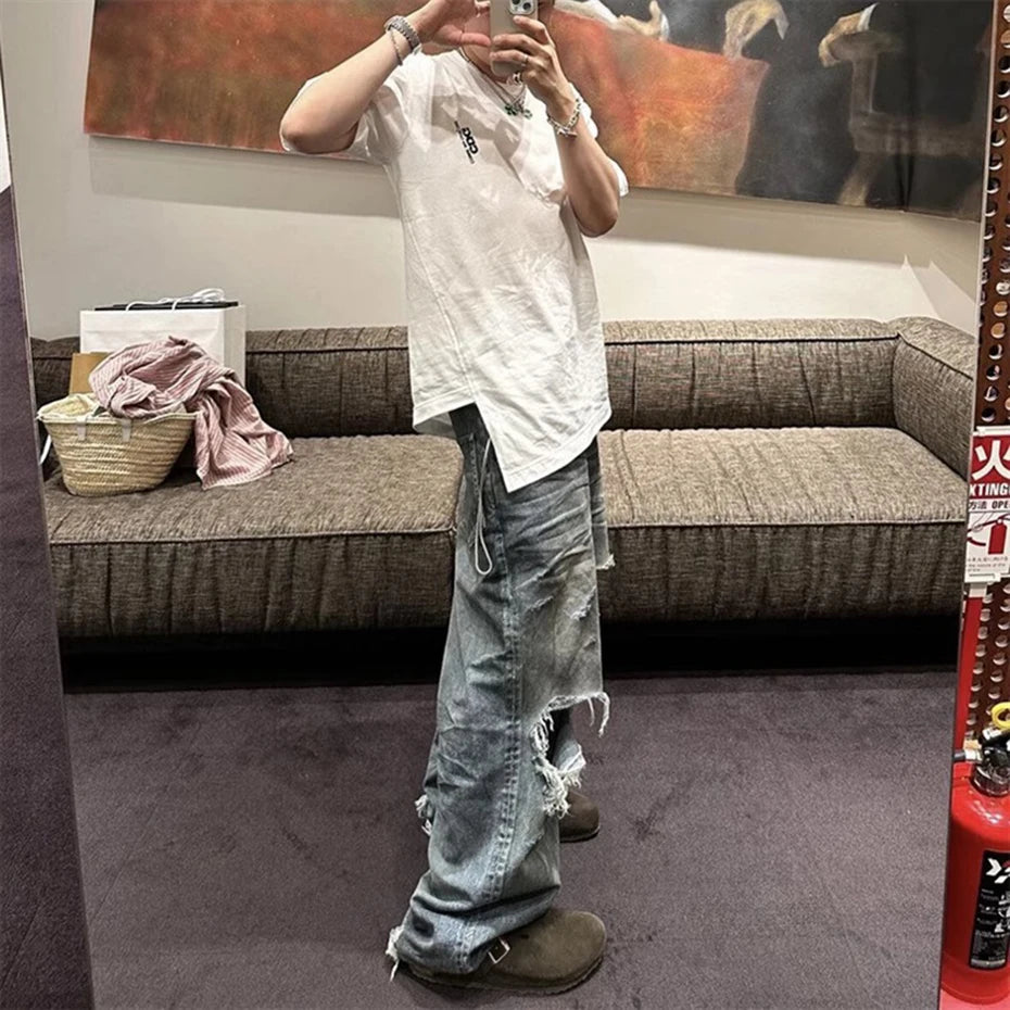 mens fashion ripped jeans blue straight baggy jeans trousers luxury designer loose casual distressed denim pants male unique jeans style 1142