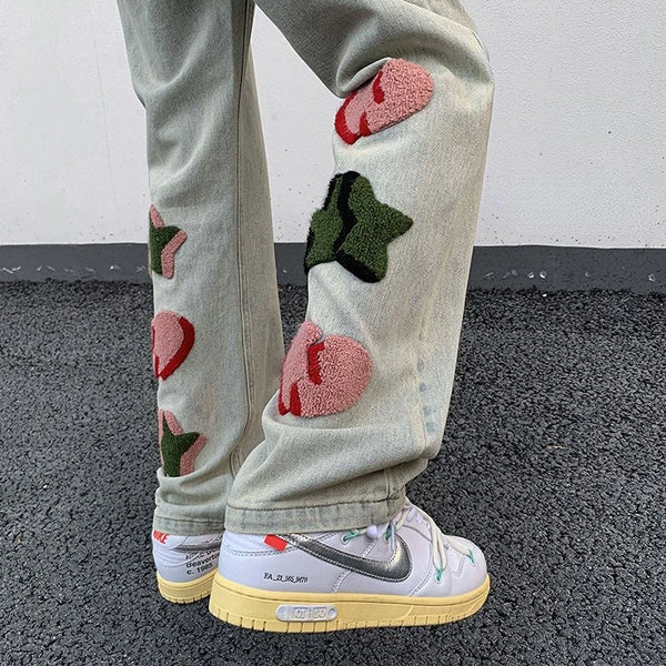 2023 summer new light luxury fashion pants star embroidered jeans mens straight slim pants boutique clothing simple style ripped baggy denim