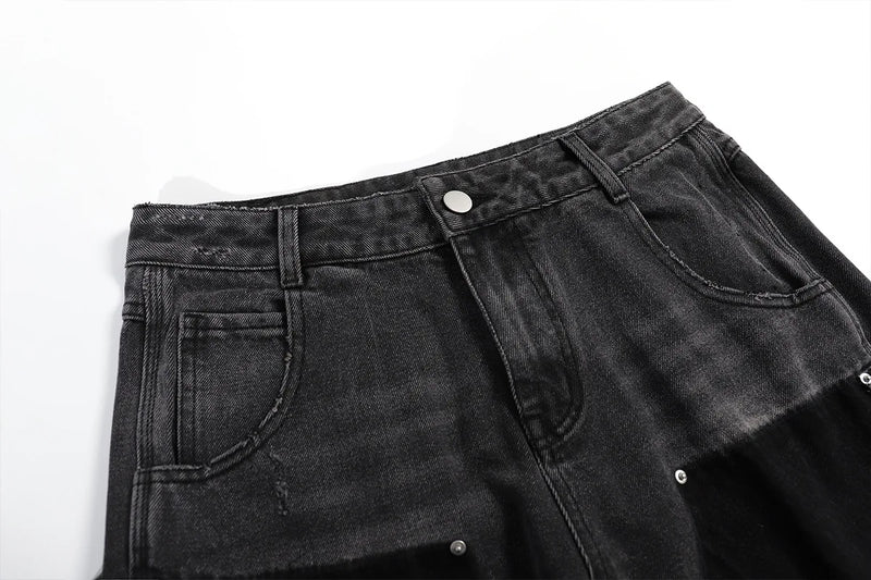 hip hop graffiti black wide leg jeans mens vintage distressed patches ink splashed jeans y2k logging cargo denim trousers women unique cargo style 4509