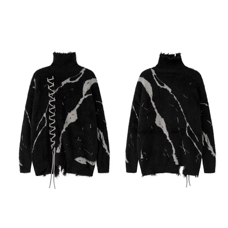 mens sweater fashion cross lines harajuku streetwear hip hop warm hairy knitted high neck sweaters unisex knit sweater jumpers - anime inspired graphic hoodie, gothic aesthetic hoodie for winter, soft fleece-lined outerwear