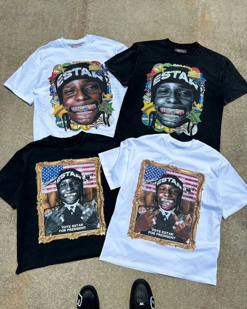 Harajuku Graphic tee – Retro Anime Portrait Print Fashion Short Sleeved Tops Men Y2