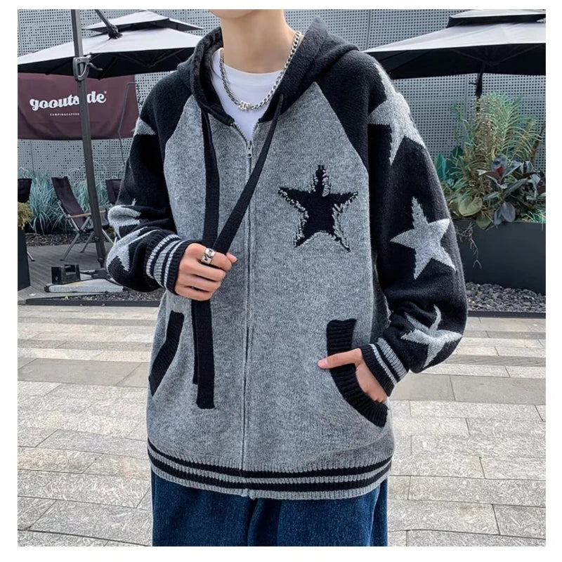 varsity flame knitwear, statement sweater, cozy knitwear for men, oversized grunge aesthetic winter top