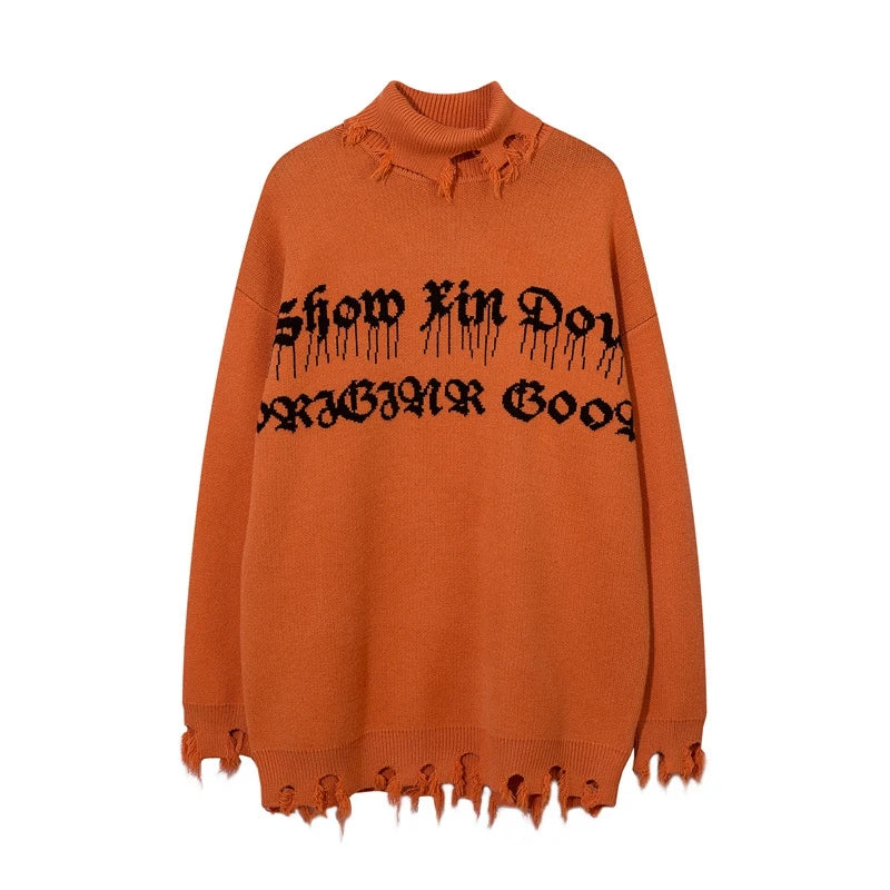 half high collar goth women men sweaters oversized long sleeve knitted pullovers y2k men ripped sweater harajuku streetwear tops - soft fleece-lined outerwear, unisex casual winter pullover, oversized streetwear hoodie