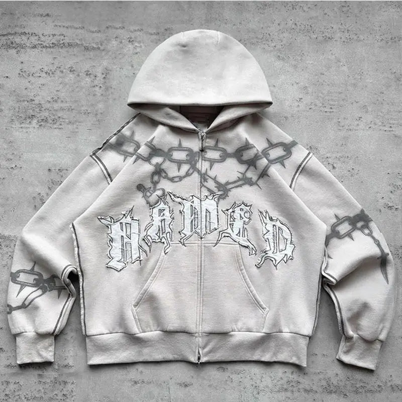 2024 American Trend Brand Printed Personality Zipper Sweatshirt Winter Hip Hop Retro Men's Women's Casual Street Cardigan Hoodie
