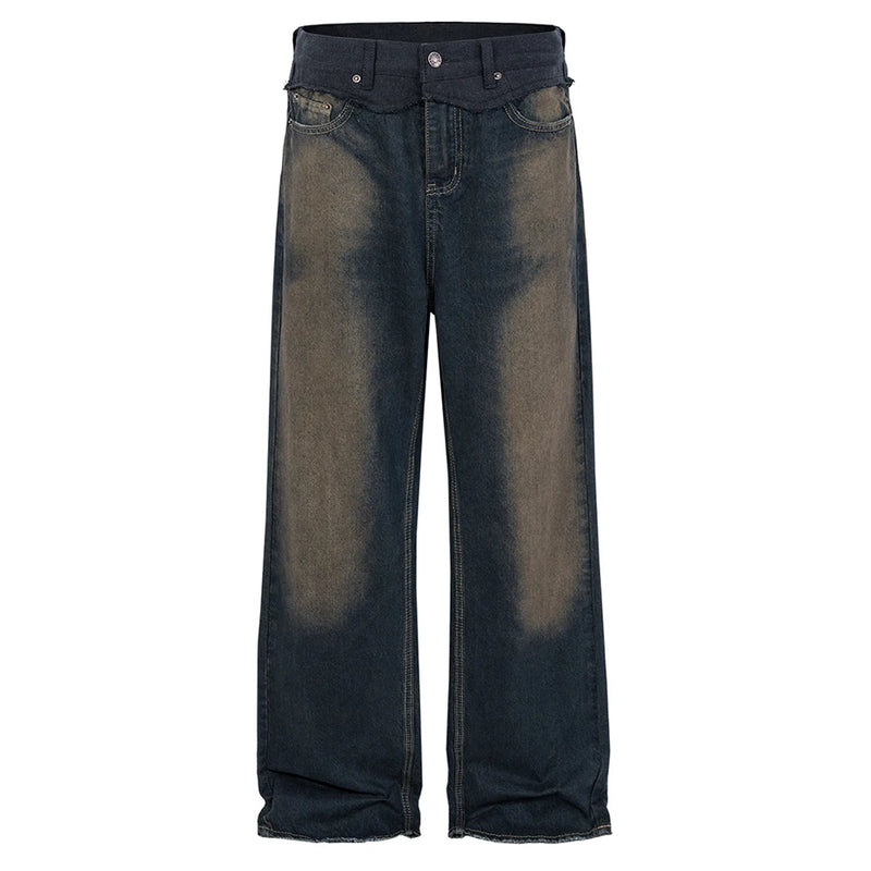 men vintage blue jeans luxury designer patchwork baggy denim pants loose straight jeans trousers vintage washed jeans