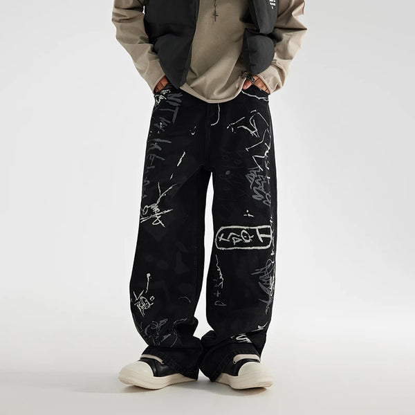 fashion graffiti printed denim jeans men unisex casual zipper wide legs straight jeans streetwear hip hop baggy pants joggers casual joggers