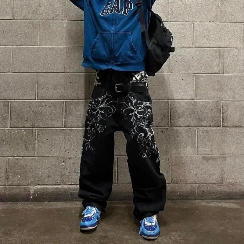 hip hop fashion y2k street high waist gothic skull geometry men jeans american retro couples straight loose pants unique jeans style 1663