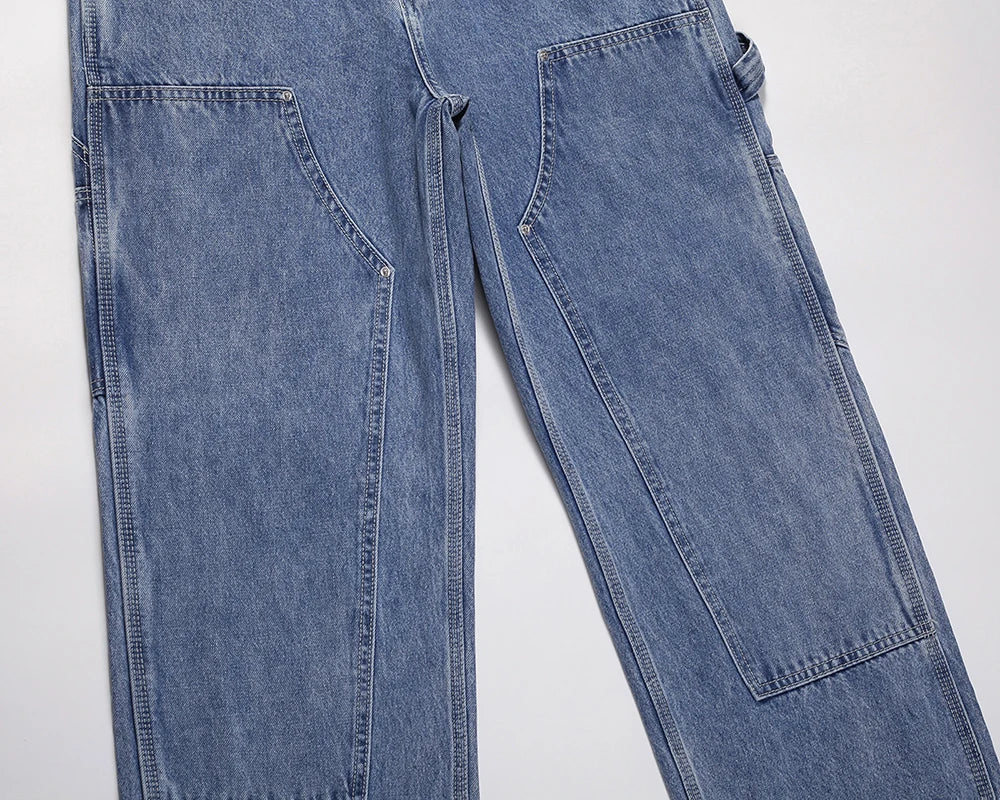 2024 new fashion blue pockets jeans for men and women streetwear casual cargo pants washed solid color denim trousers oversized unique cargo style 4493