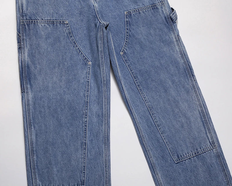 2024 new fashion blue pockets jeans for men and women streetwear casual cargo pants washed solid color denim trousers oversized unique cargo style 4493