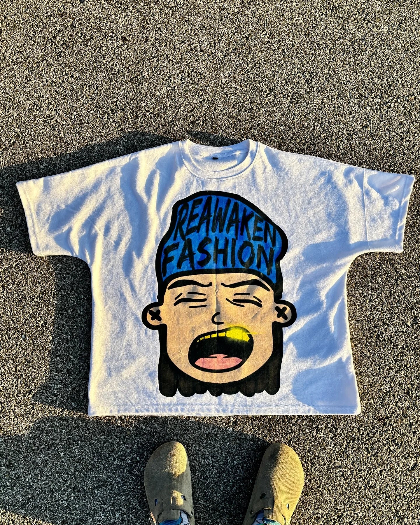 manga-inspired cartoon t-shirt with neon glitch blocks and overlays