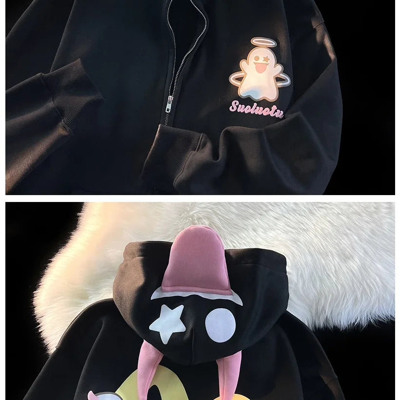 Japanese Devils Corner Hoodie Womens Couple Loose Gothic Winter Clothing Plush Hoodie