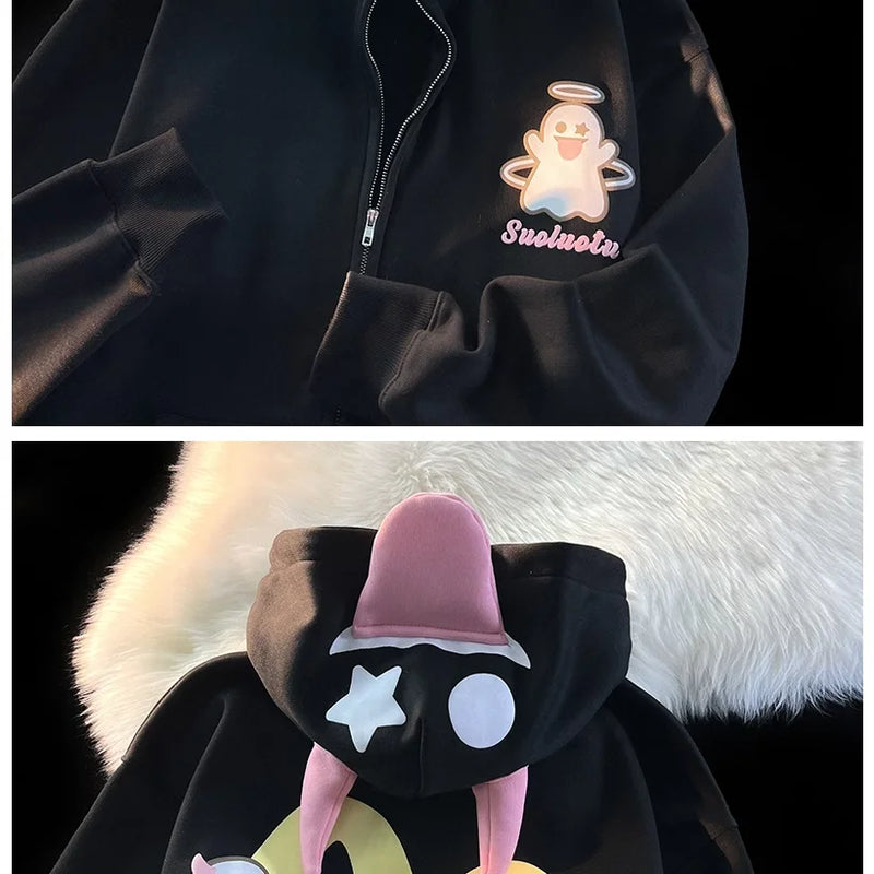 Japanese Devils Corner Hoodie Womens Couple Loose Gothic Winter Clothing Plush Hoodie Womens Zipper Hoodie  sweatshirt