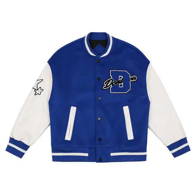 panel varsity outerwear, 2025 trend, for men, fall streetwear outfit, oversized style, layered fashion, modern aesthetic, graphic detail