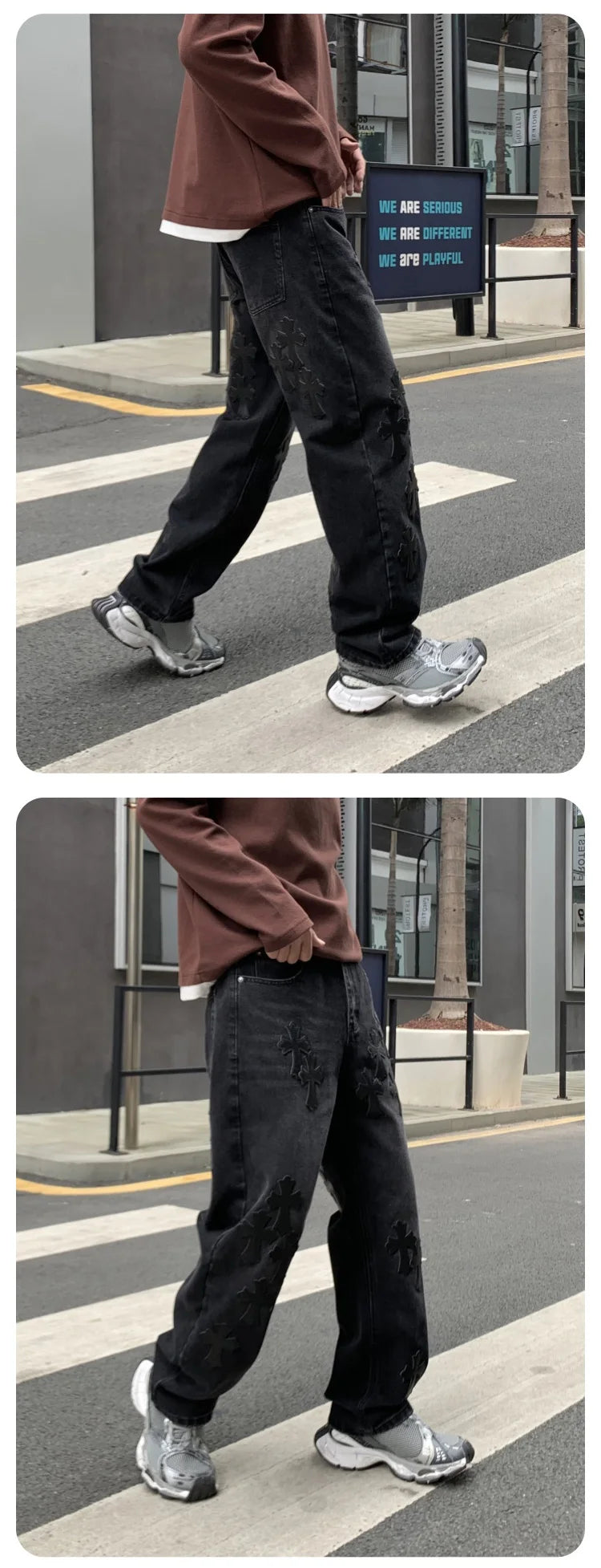 men embroidery streetwear brand fashion hip hop loose casual straight motorcycle denim jeans pant cityboy y2k jeans trousers unique jeans style 2488