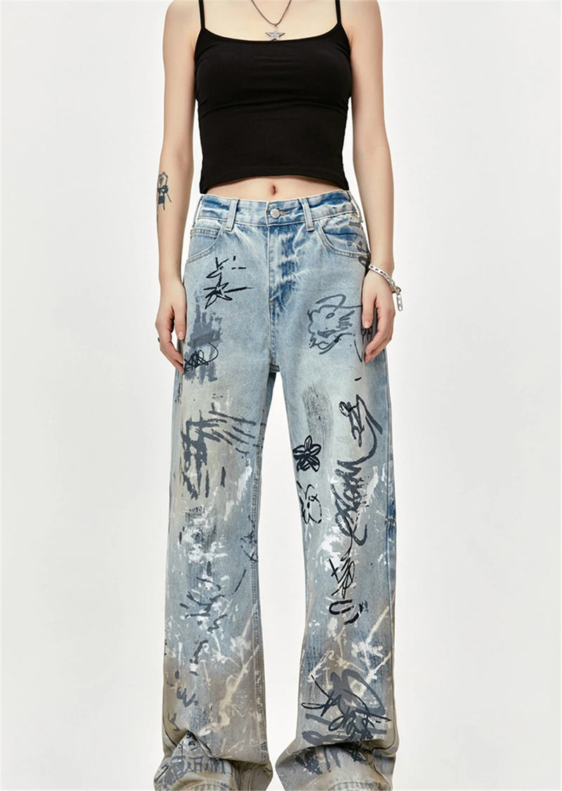 men baggy jeans graffiti printed loose straight denim pants luxury designer jeans male streetwear hip hop jeans trousers y2k unique jeans style 4528