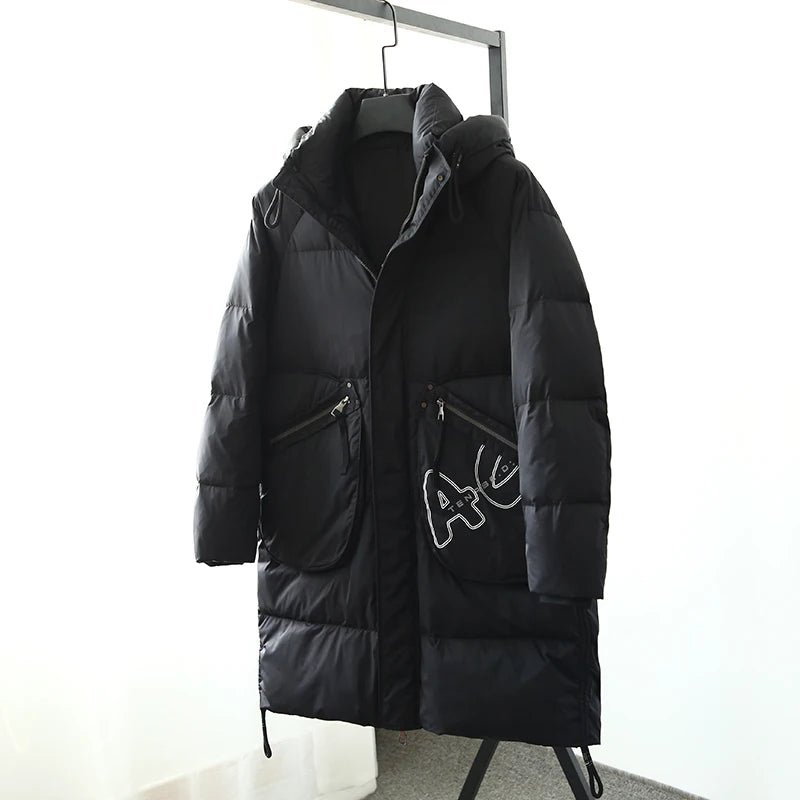 Men Hooded Down Jacket Winter Casual Letter Printed Parkas Streetwear Warm Black Zipper Jackets Harajuku Fashion Duck Down Coats
