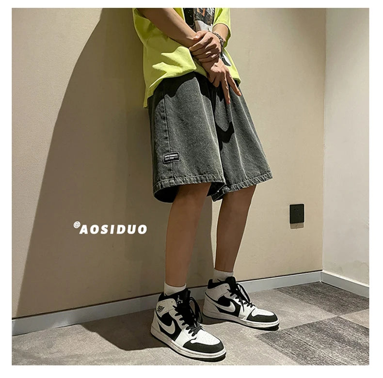 Korean Style Summer Men's Black Wide Leg Denim Shorts 2023 New Fashion Casual Baggy Short Jeans Male Brand Clothes